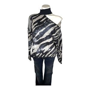 SIX/FIFTY Blue Gray Pullover Sweater Cutout Shoulder Distressed Oversized‎ Small